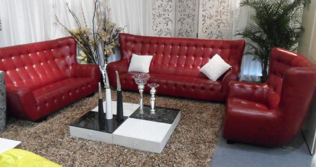 Sofagarnitur Chesterfield Sessel Sofa Set 3 tlg Ledersofa Rot Modern
