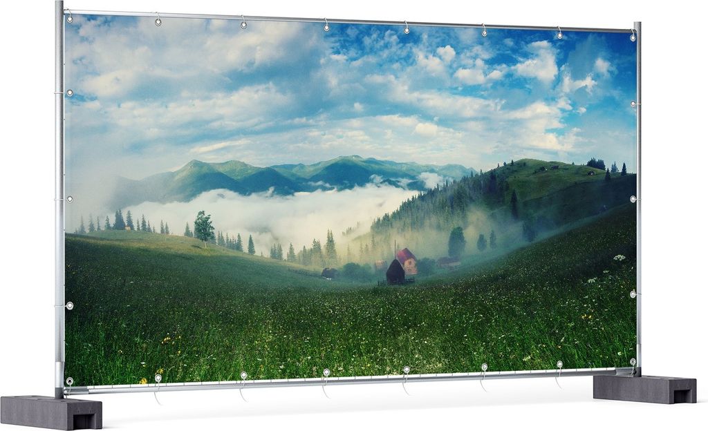 Wallario XXL Outdoor-Poster für Garten oder Balkon, Motiv Morgennebel zwischen Berghängen, in ca. 340 x 173 cm