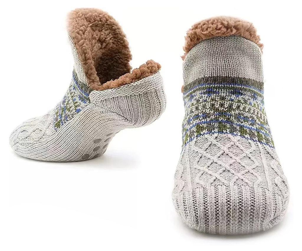 1 Paar kurze, röhrenförmige, rautenförmige, gedrehte Bodensocken mit rutschfester Sohle, Uni, Winter-Patchwork-Farben, dickes Fleecefutter, Schn...