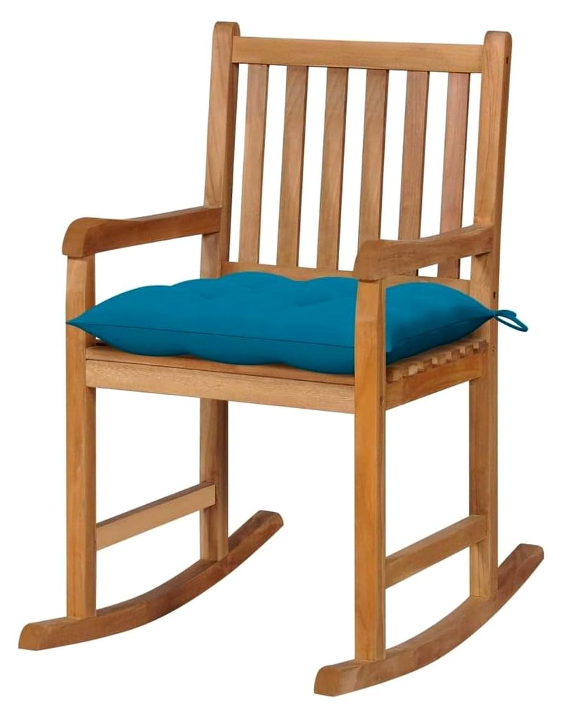 Schaukelstuhl mit hellblauem Kissen, Teak-Massivholz, Lattendesign, für Garten und Balkon, Relaxsessel, 58x92,5x106 cm