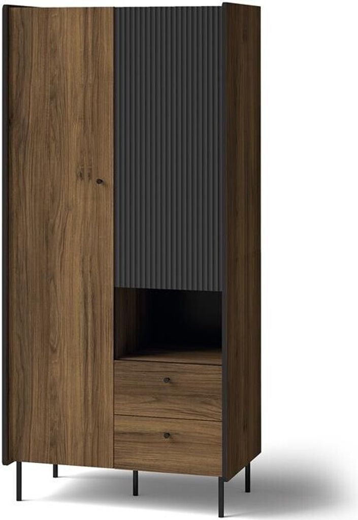 BETTSO Zweitüriger Kleiderschrank mit Schubladen geriffelte Front PRESTIGO 88 x 190 cm Schwarz + Nussbaum