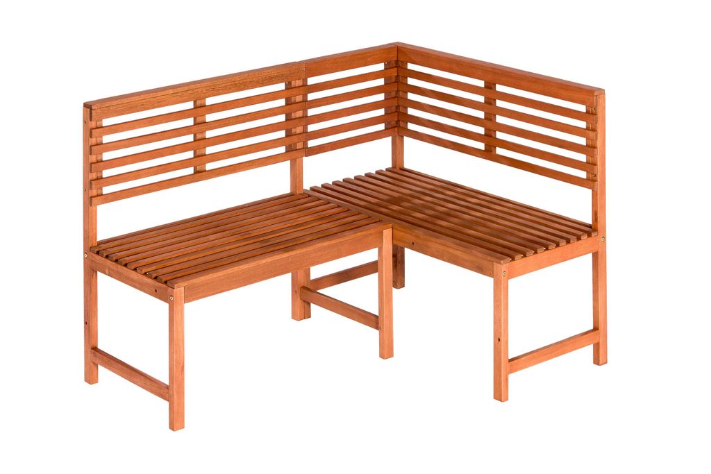 A wooden corner bench shown from a three-quarter angle against a white background.