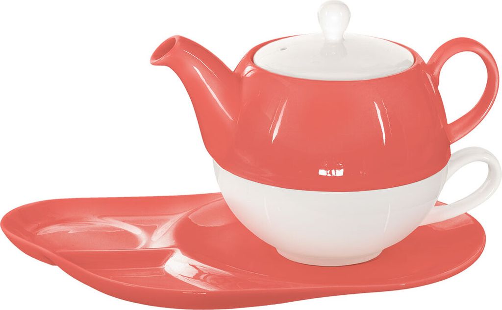 Buchensee Tea for one Set / Teeset Lena, Teekanne 500ml mit Teetasse und Ablageteller, coralrot, Crystal Bone China Porzellan