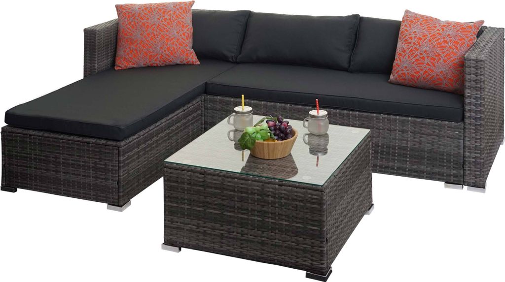 Poly-Rattan Garnitur MCW-F57, Balkon-/Garten-/Lounge-Set Sofa Sitzgruppe grau, Kissen dunkelgrau mit Deko-Kissen