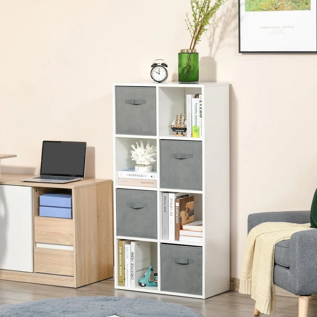 Étagère à 8 compartiments avec 4 boîtes en tissu - Bibliothèque Blanche