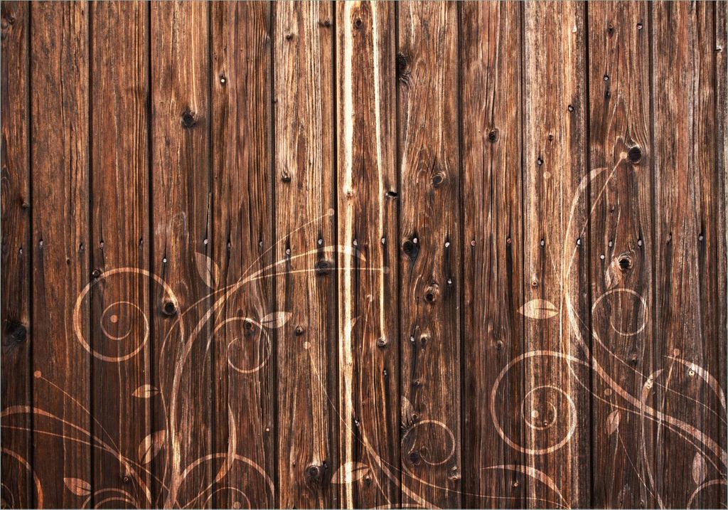 Wallario Poster - Holz in dunkelbraun mit Blumenmuster - Schnörkel, Kunstdruck Größe: 70 x 100 cm