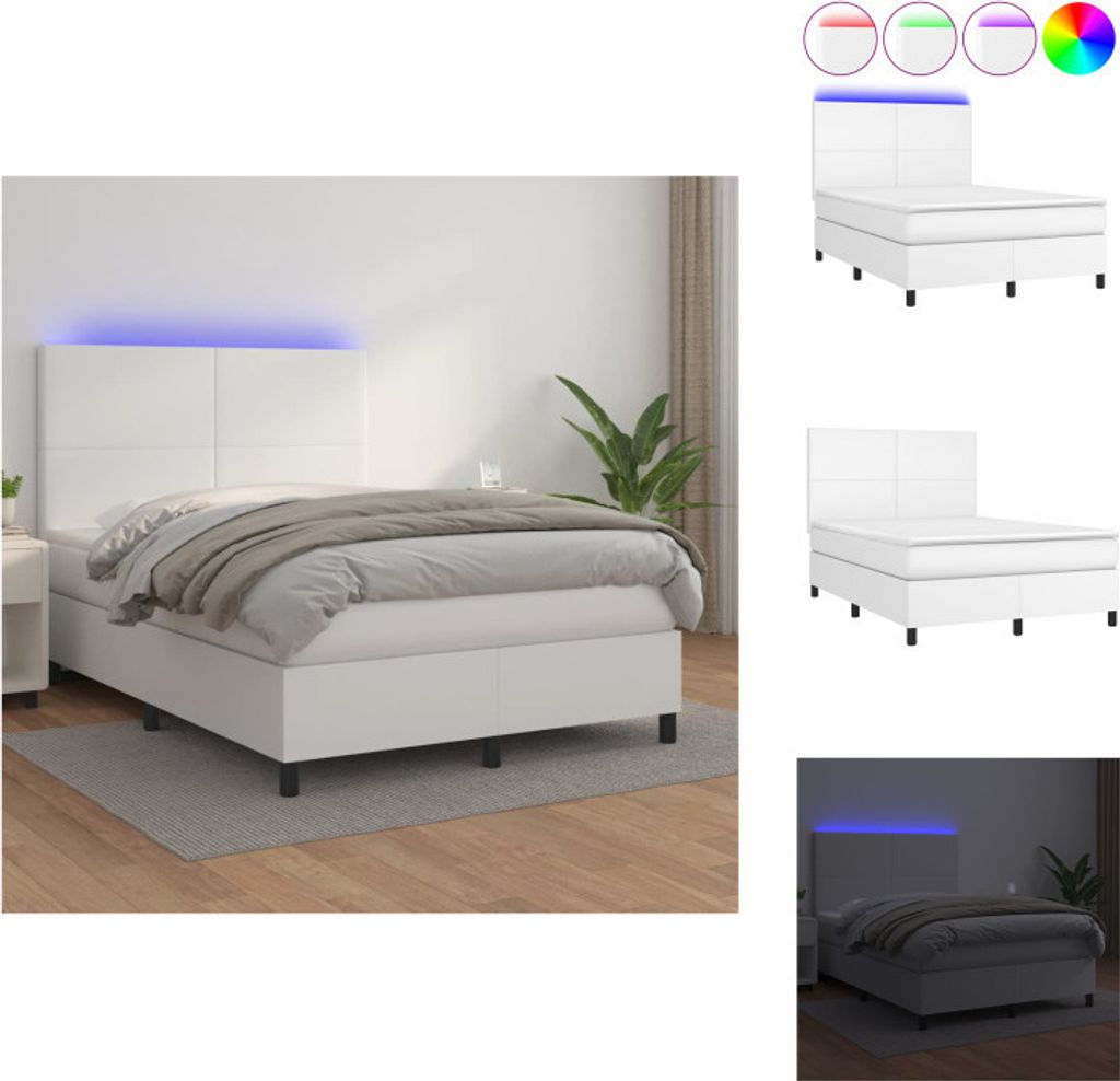 vidaXL Boxspringbett mit Matratze & LED Weiß 140x200 cm Kunstleder - Betten & Bettgestelle