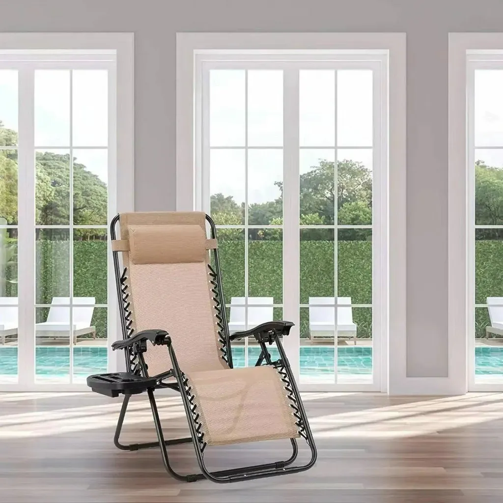 Chaise Longue Pliable Zero Gravity Beige - Pack de 2 avec Porte-Gobelet - 2