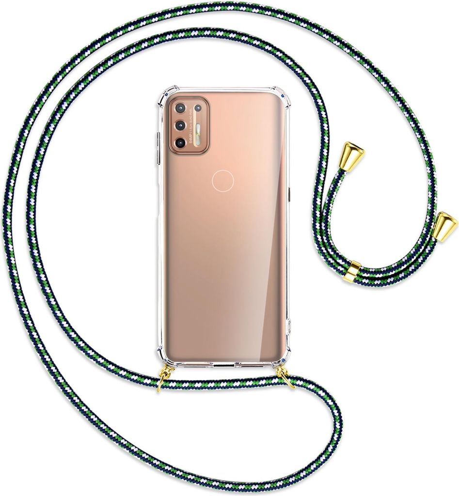 Handykette Backcover-Schutzhülle mit Band (Metall goldfarben) für Motorola Moto G9 Plus - Blautöne