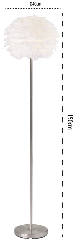 A white feather floor lamp with a silver stand and base, shown with dimensions indicated.