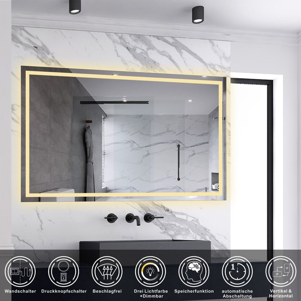 AICA LED Badspiegel mit Knopfschalter 120x70cm Beschlagfrei 3 Lichtfarbe Dimmbar Memory-Funktion Badezimmerspiegel 1 Stunde automatische Abschaltung