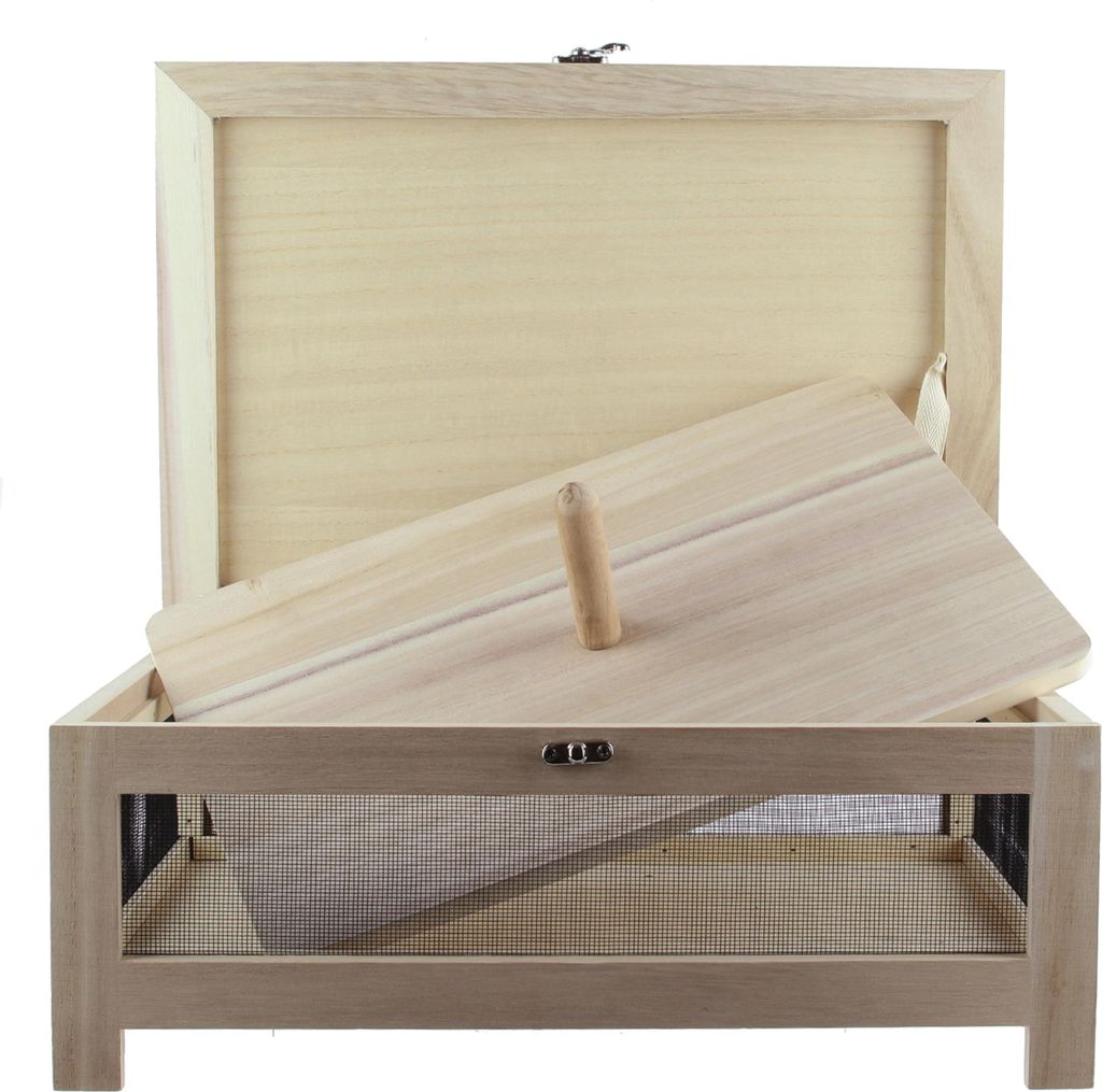 A wooden cheese cellar with a serving tray and stainless steel accents.