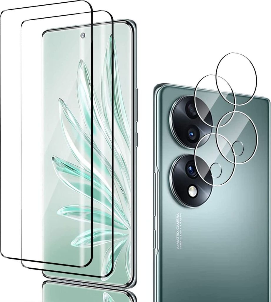 A product image showing screen protectors and camera lens protectors for a smartphone, alongside a close-up of the smartphone's camera module.