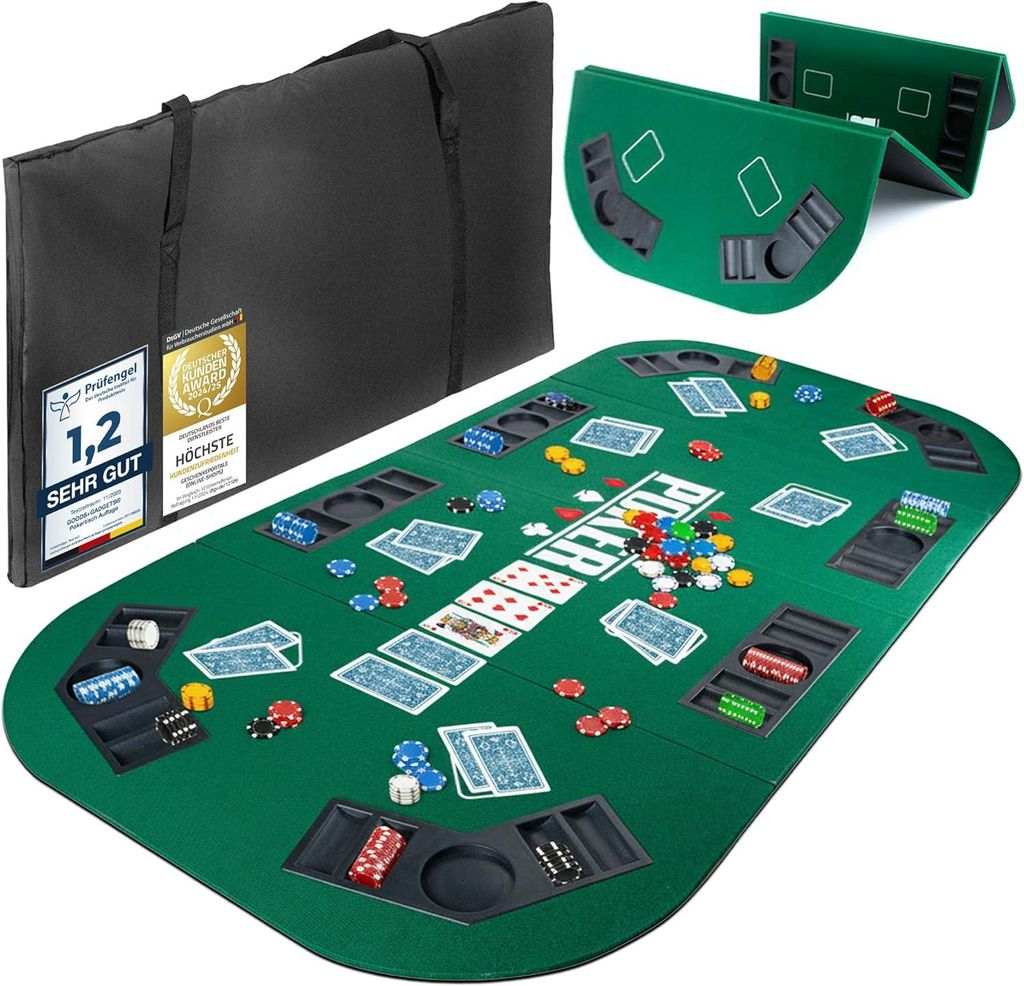 A poker table mat and accessories are laid out on a white background, with a carrying case to the left and a folded accessory to the top right.