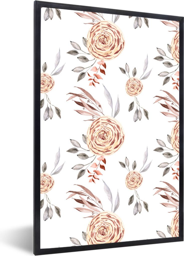 MuchoWow Gerahmtes Poster Rosen - Blumen - Blätter - Weiß 40x60 cm - Poster mit Schwarzem Bilderrahmen Wandposter Rahmen Foto Bilder - Papierdr...