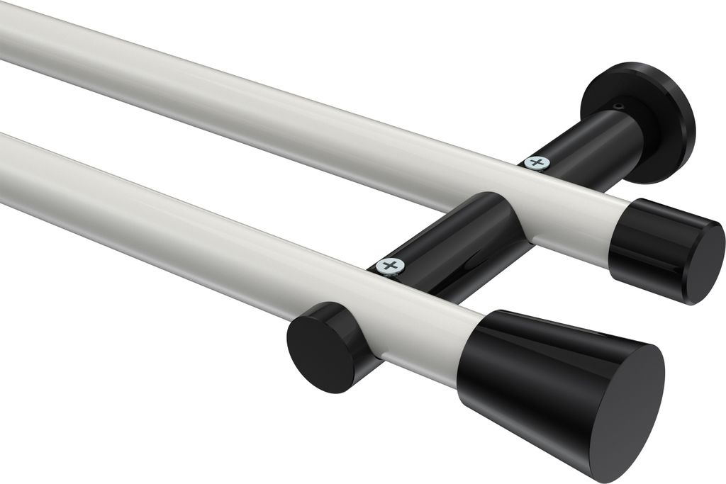 Interdeco Gardinenstange / Vorhangstange Weiß / Schwarz, Typ Platon Sitra (Konus) ohne Ringe, 20 mm Ø 2-läufig, 200 cm