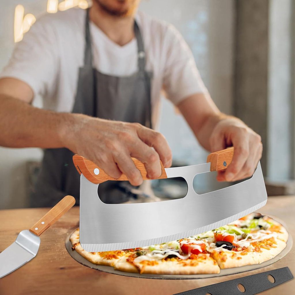 Großer professioneller Pizzaschneider aus Edelstahl 35 cm mit Holzgriff und Klingen Schutz + Tortenheber - Scharfes Pizzamesser effektiver als Piz...