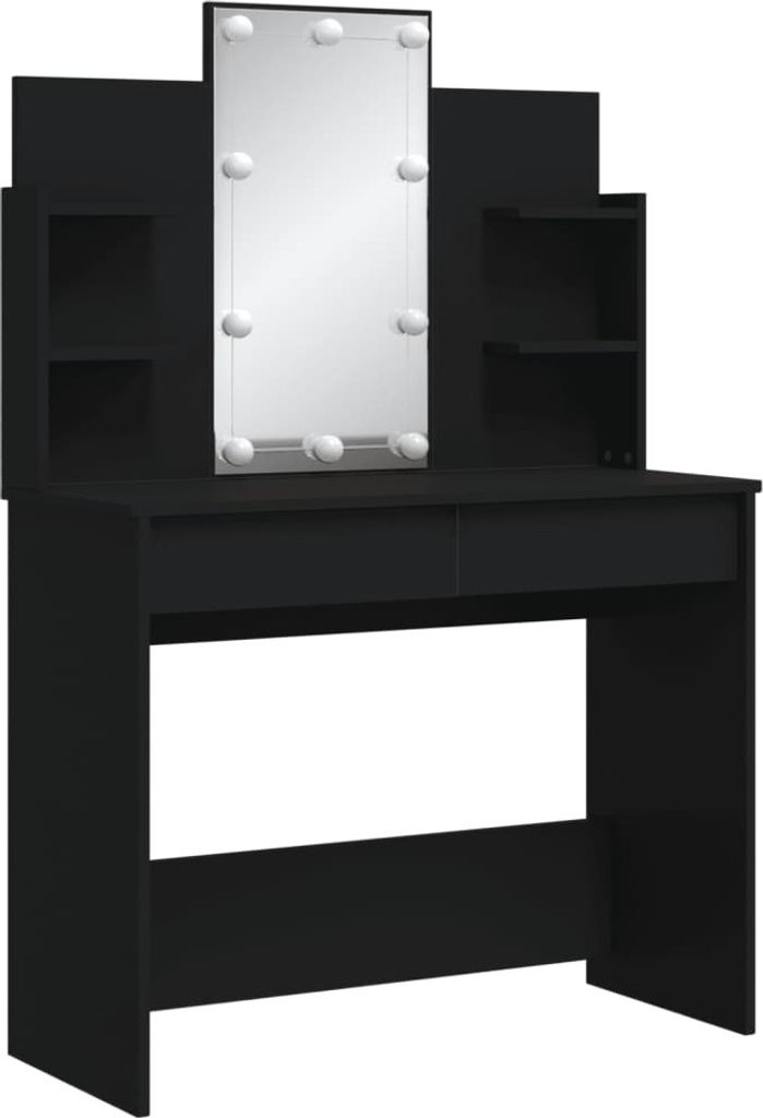 A black vanity table with a mirror and shelves.