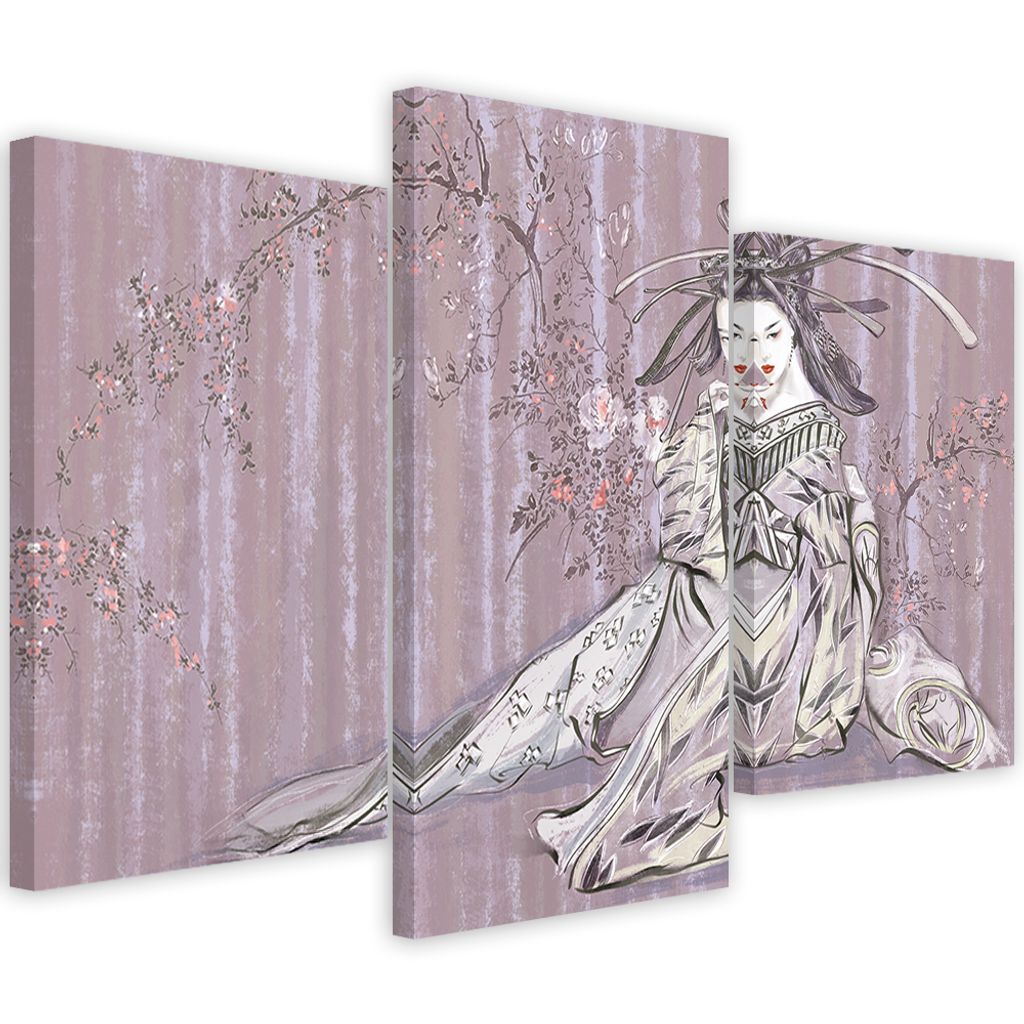 Triptychon auf leinwand traditionelle japanische geisha 90x60 cm Feeby lila wandbild bereit zum aufhängen