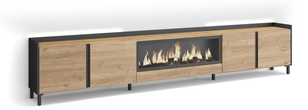 TV-Möbel Holzeffekt eiche schwarz 315x35x61cm Kamin mit Feuereffekt