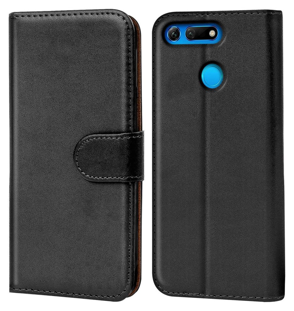 A black flip case for a smartphone is shown, with the phone inserted in one view and the case closed in another.