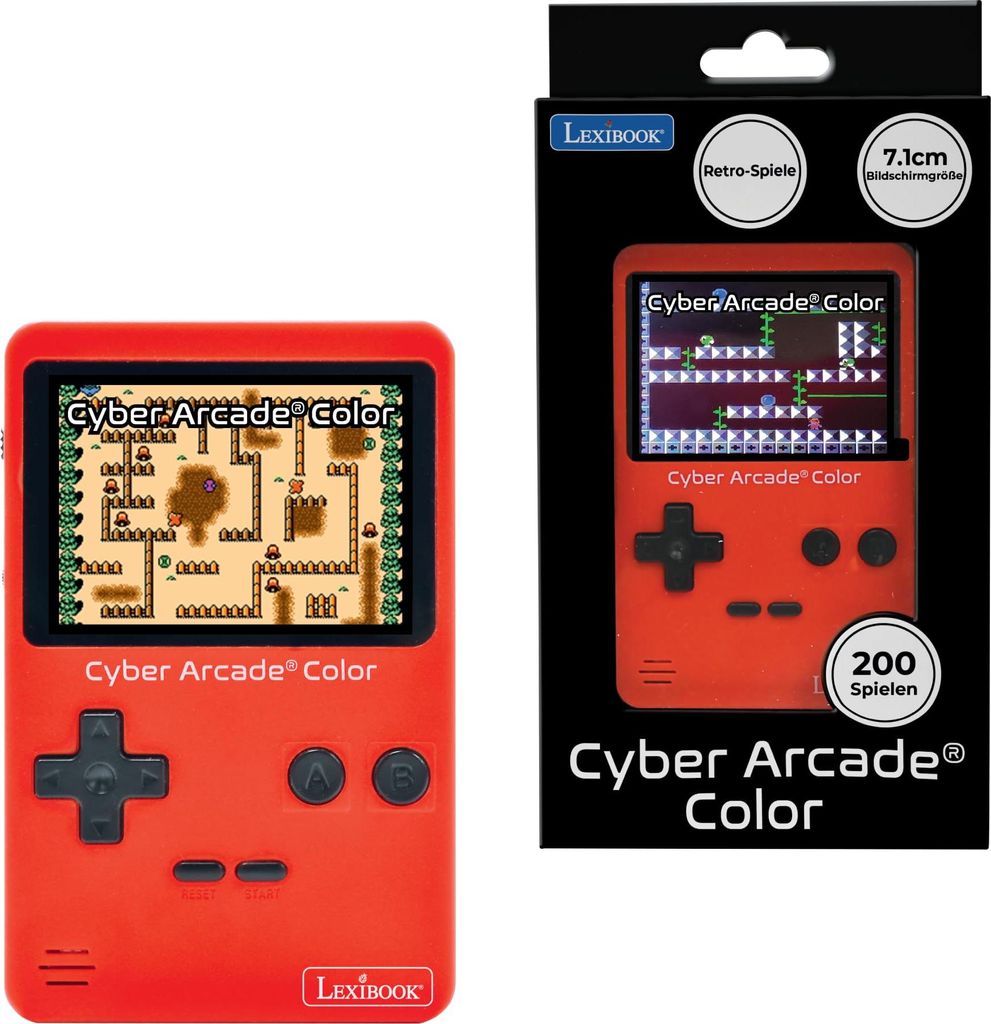 Lexibook, Cyber Arcade Color, Tragbare Retro-Spielkonsole, 200 Action-, Sport-, Renn-, Logikspiele und mehr, 2,8" LCD-Farbdisplay, Rot, JL2389
