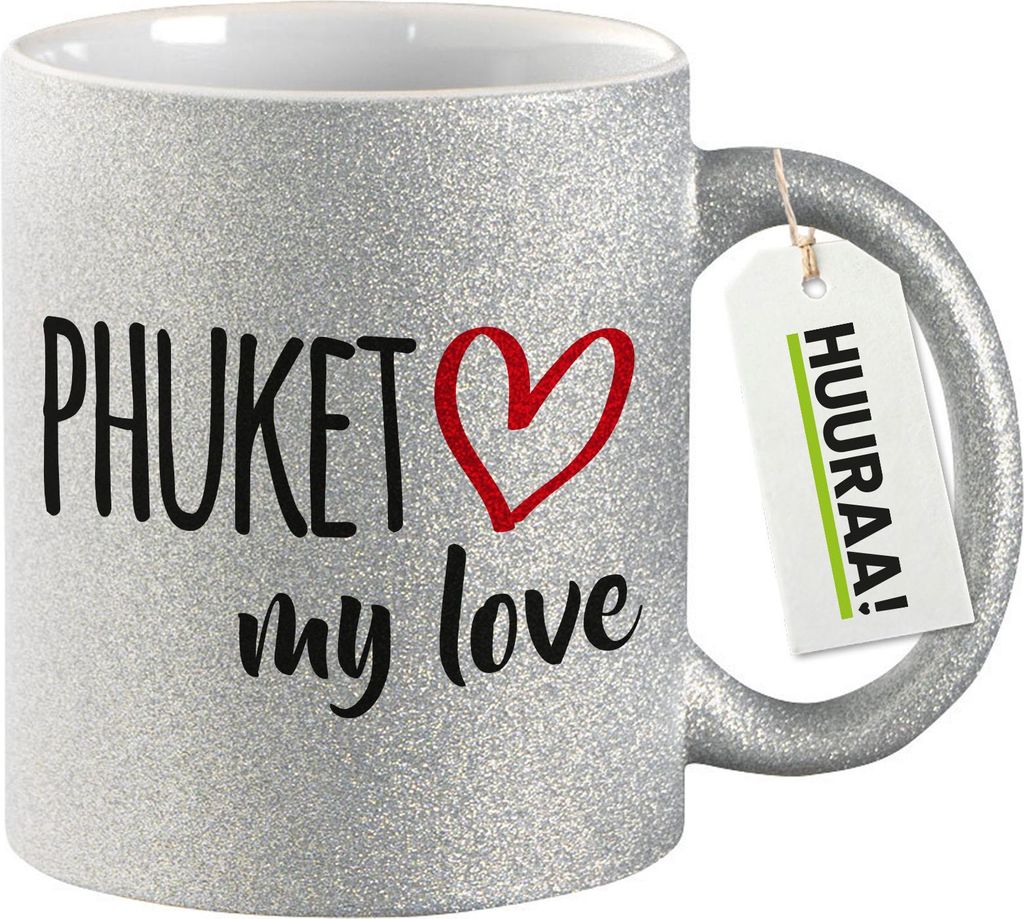 Huuraa Glitzertasse Phuket my love 330ml Silber Keramik Kaffeebecher Geschenkidee
