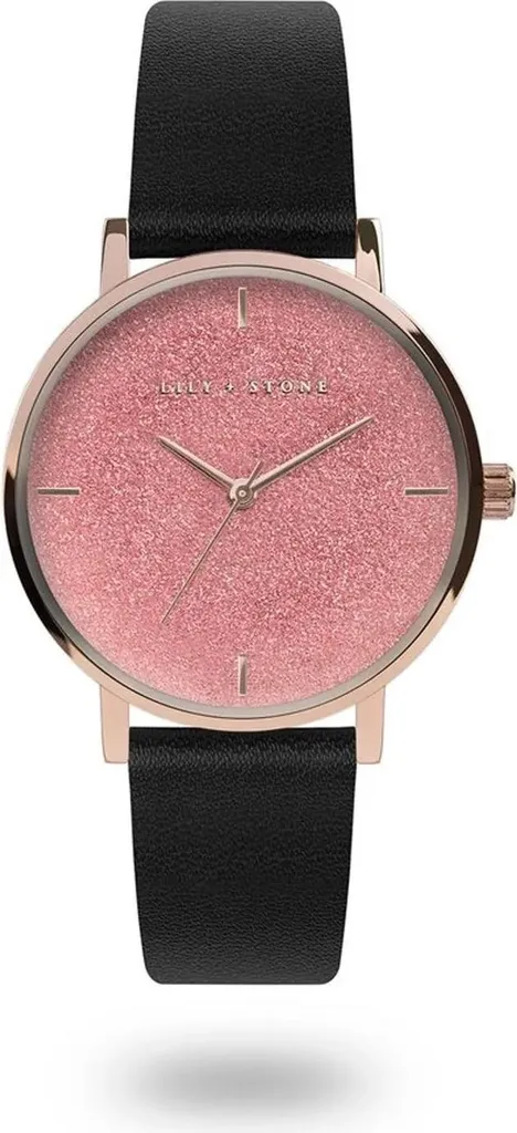 Orologio da polso Lily + Stone, quadrante rosa, fibbia nera, cinturino nero e oro