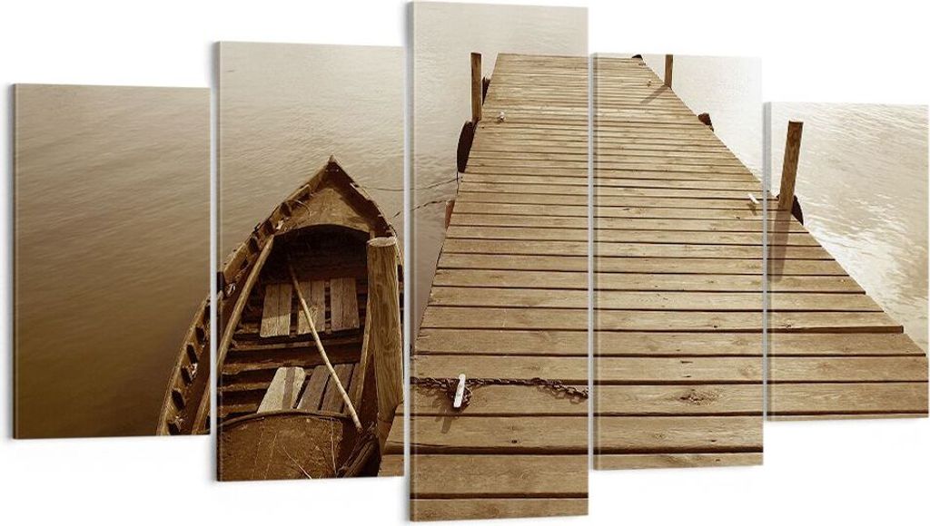 Bild auf Leinwand - Leinwandbild - 5 Teile - Brücke Boot Sepia - 160x85cm - Wand Bild - Wanddeko - Wandbilder - Leinwanddruck - Bilder - Wanddekor...