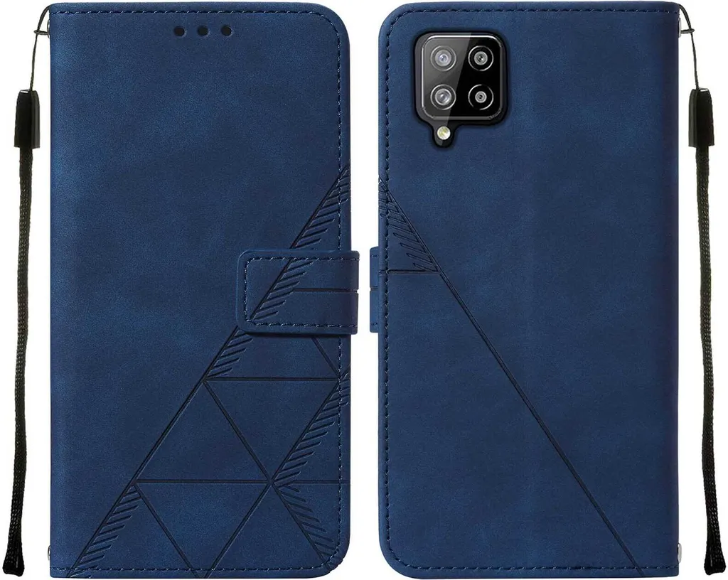 Custodia in pelle flip per Samsung Galaxy A42 5G con design a portafoglio con goffratura, porta carte e supporto blu