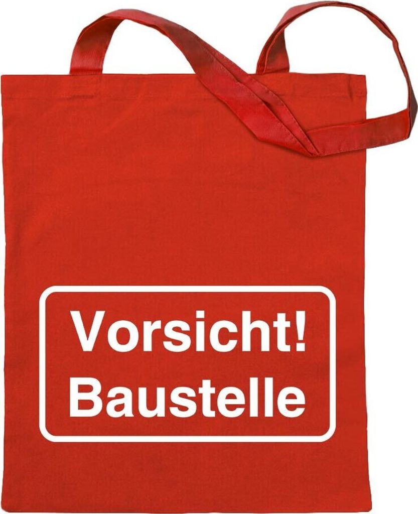 Kiwistar - Baumwolltasche - rot - Vorischt Baustelle Achtung - Tragetasche Stoffbeutel Umhängetasche Langer Henkel