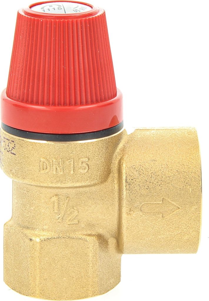 A brass safety valve with a red adjustment knob.