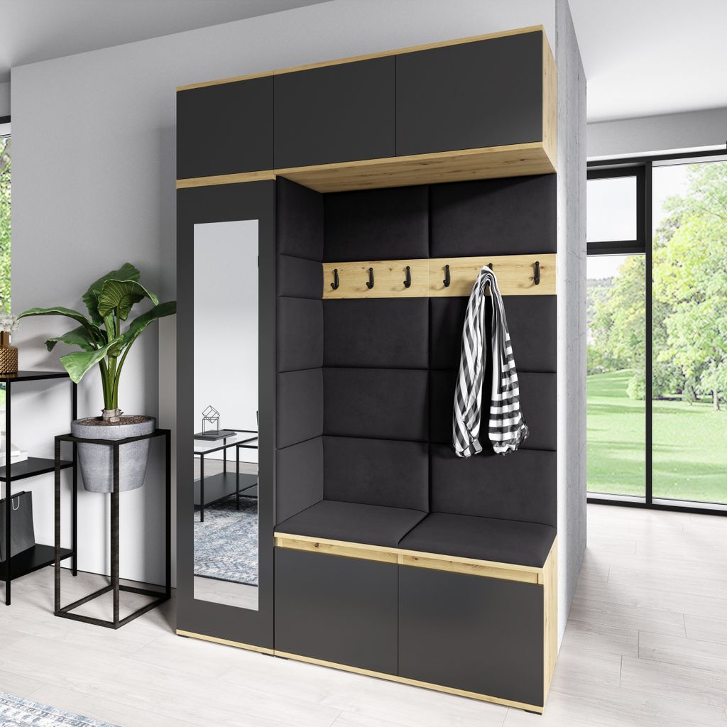 A modern entryway with a dark gray and wood tone wardrobe unit, featuring a mirror, coat hooks, and a bench with storage.