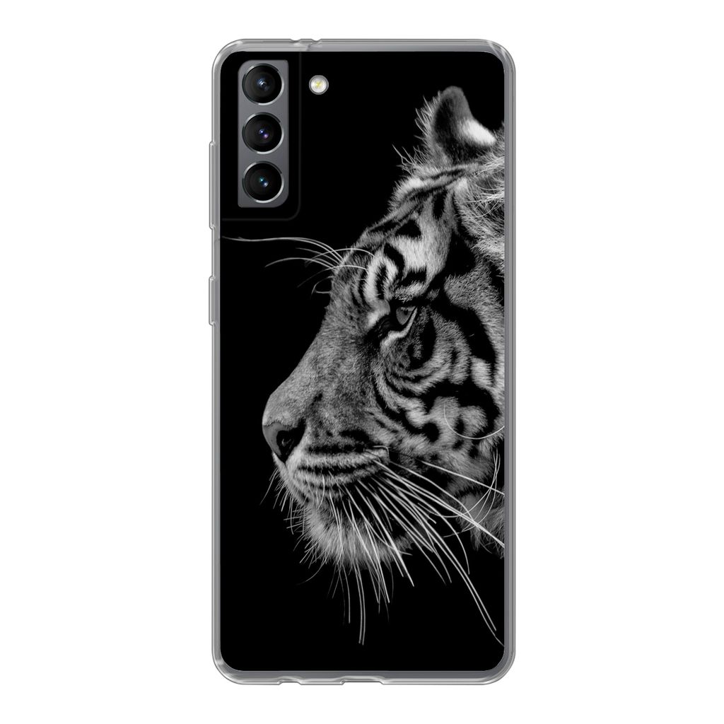 MuchoWow Handyhülle Schutzhülle Hülle für Samsung Galaxy S21 Plus Tiger auf schwarzem Hintergrund in schwarz und weiß Silikon Softcase Handy...