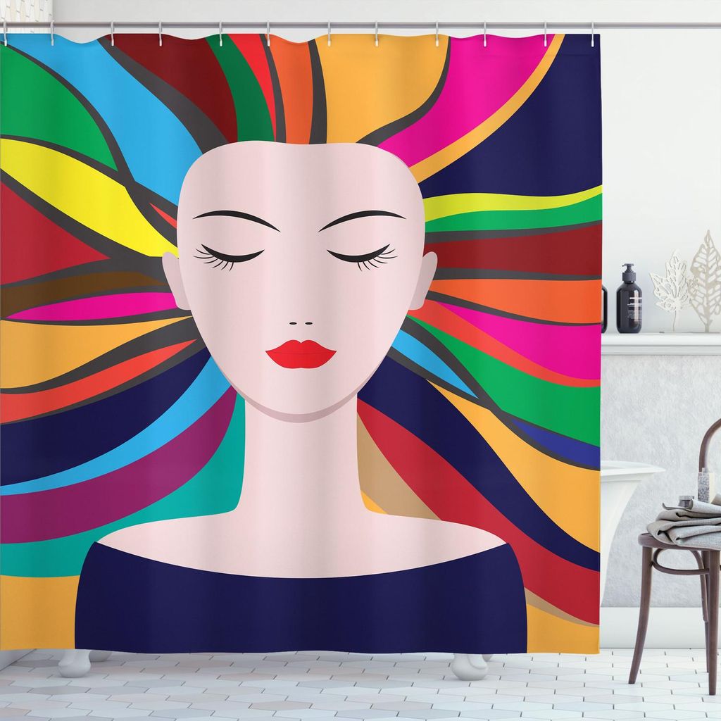 ABAKUHAUS verrückte Kunst Duschvorhang, Hübsche Dame Porträt mit geschlossenen Augen und bunten Regenbogen Strands, 175 x 220 cm, Indigo und Meh...