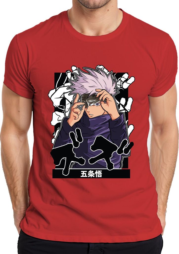 五条悟 Jujutsu Kaisen Satoru Augenbinde weißes Haar Anime Ästhetik Herren T-Shirt, Rot, XXL