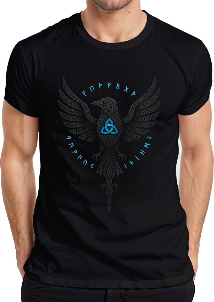 Wikinger Rabe Nordisch Runen Triquetra keltische Knotenmuster Herren T-Shirt, Schwarz, S