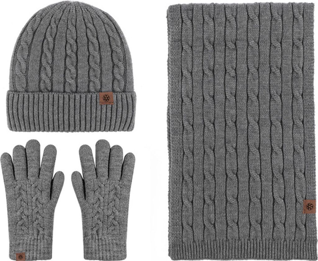 Winterwarmer Strickschal, Beanie-Mütze und Handschuhe im Set, weicher Stretch-Hut, Schal und Fäustlinge für Herren und Damen,Dunkelgrau