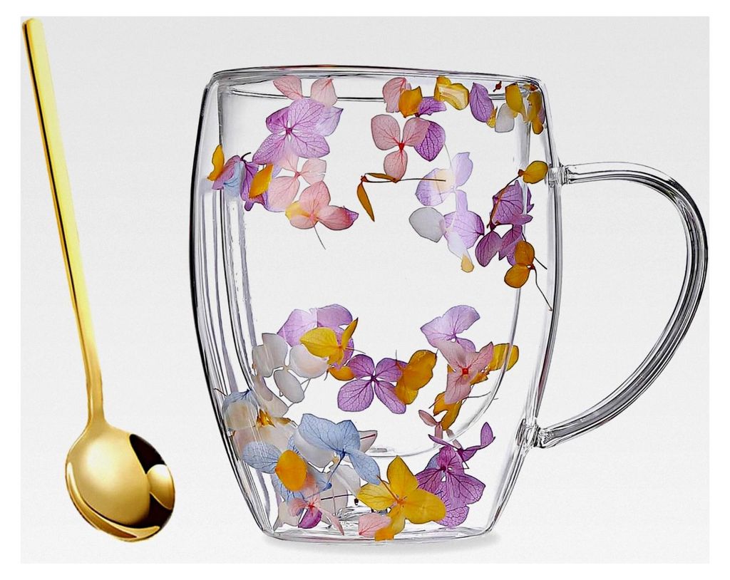 350ML Doppelwandige Glas Kaffeetasse mit Trockenen Blumen und Löffel, Hitzebeständig, Ideal für Tee und Kaffee