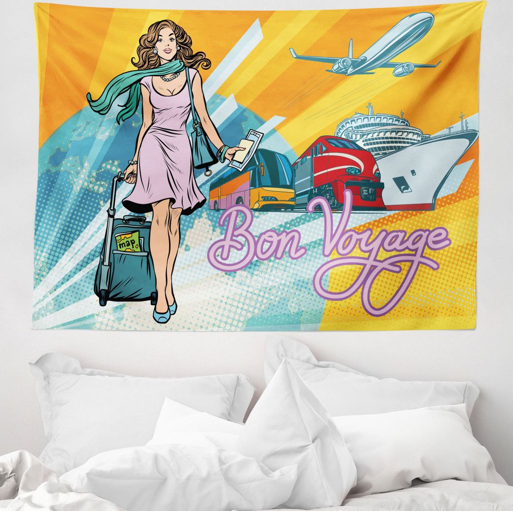 ABAKUHAUS Flughafen Wandteppich, Retro Passagier-Frauen-Kunst aus Weiches Mikrofaser Stoff Waschbar ohne Verblassen Digitaldruck, 150 x 110 cm, Meh...