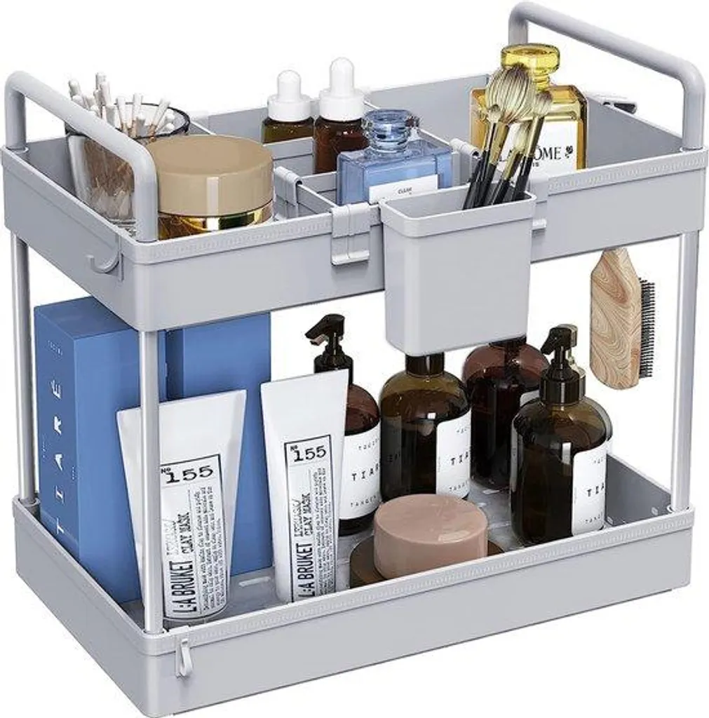 Organiseur gris double niveau 34x22x39 cm spécial maquillage et soins