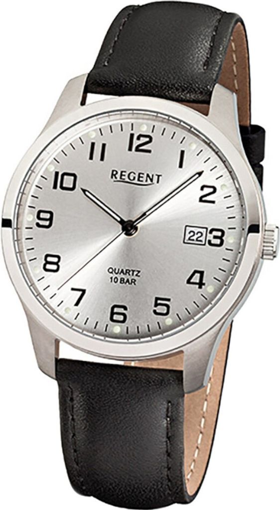 Regent F-931 Herren-Uhr Analog Quarz mit Lederarmband Titan Datum Ø 37 mm