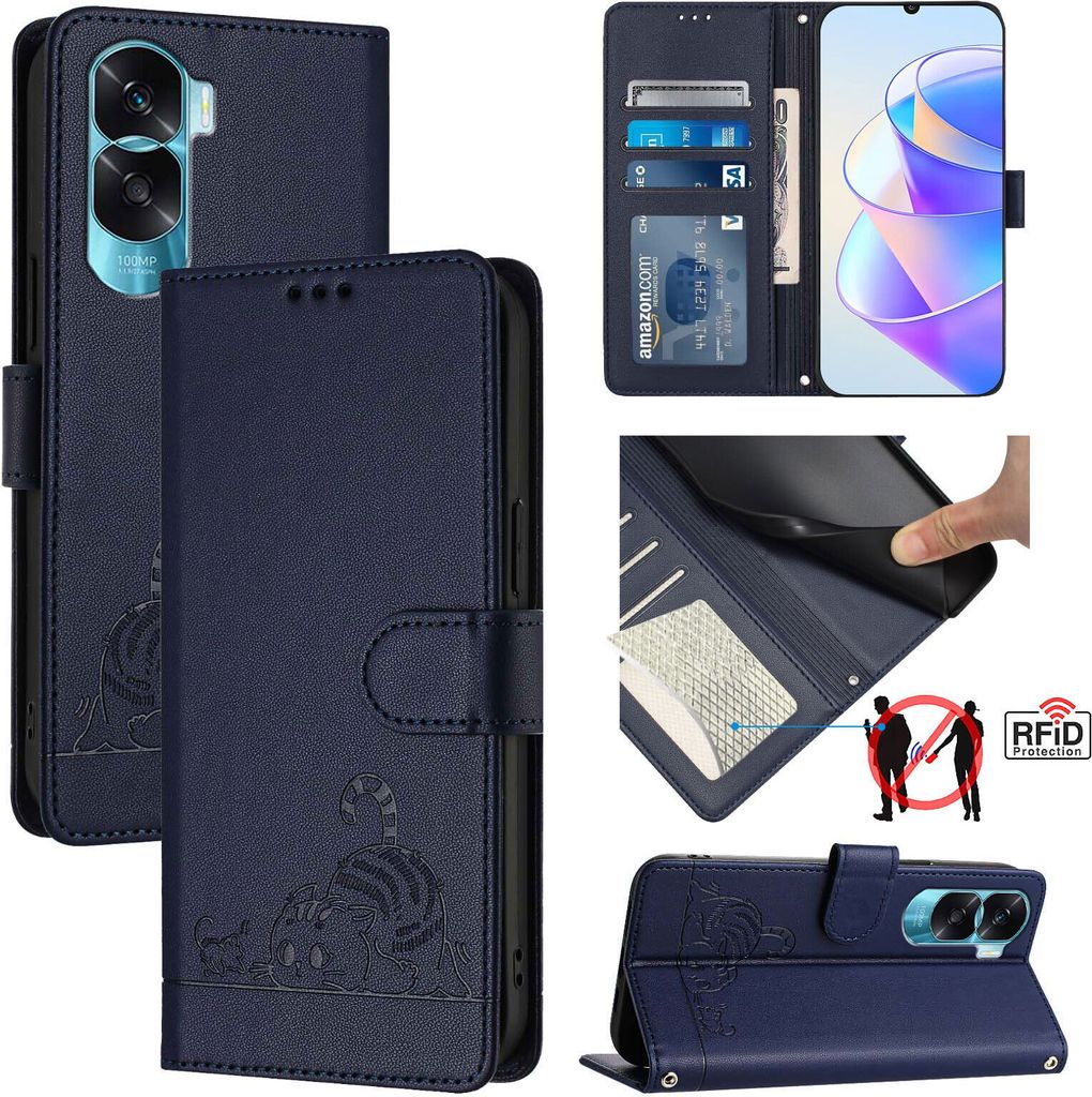 Leder Hülle für Honor 90 Lite Süße Katze Flip Case Brieftasche Schutzhülle mit Standfunktion Blau