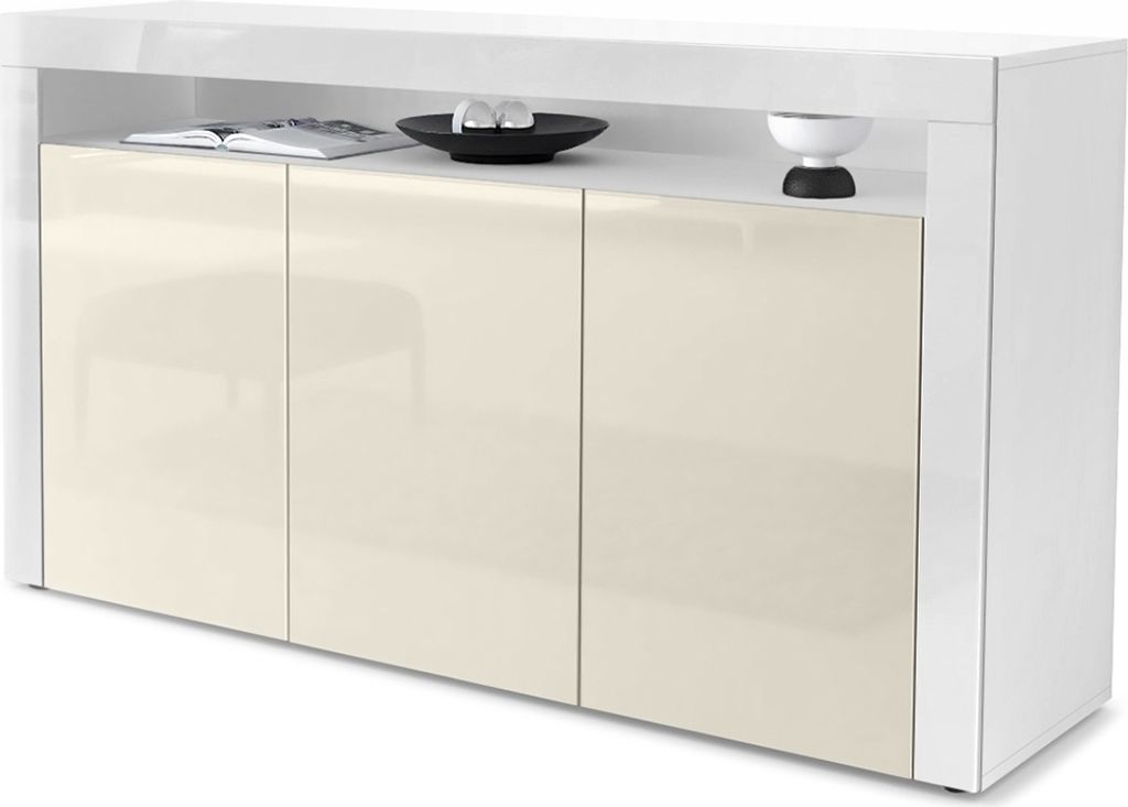 Vladon Sideboard Valencia, Germany, Kommode mit 3 Türen und 1 offenem Fach, Weiß matt/Creme Hochglanz/Weiß Hochglanz (155 x 92 x 40 cm)