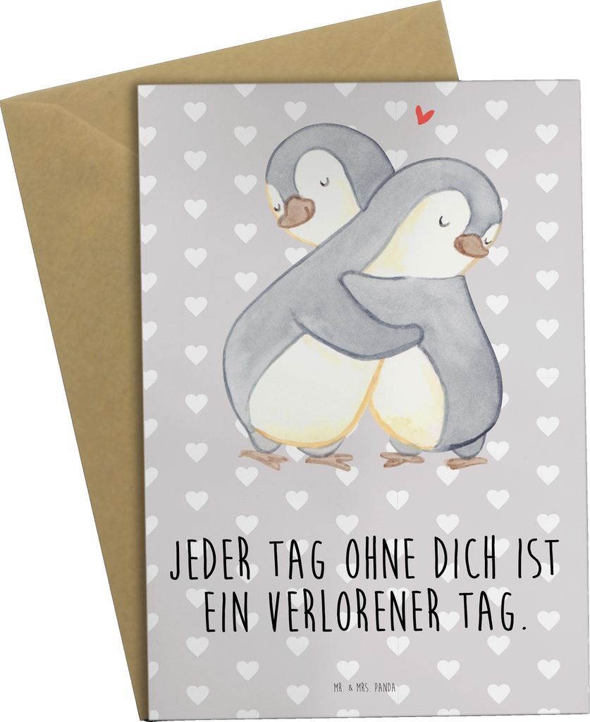 Mr. & Mrs. Panda Grußkarte Pinguine Kuscheln - Grau Pastell - Geschenk, für Partner, dankeskarten, Hochzeitstag, hochzeitskarten, einladungskarte...