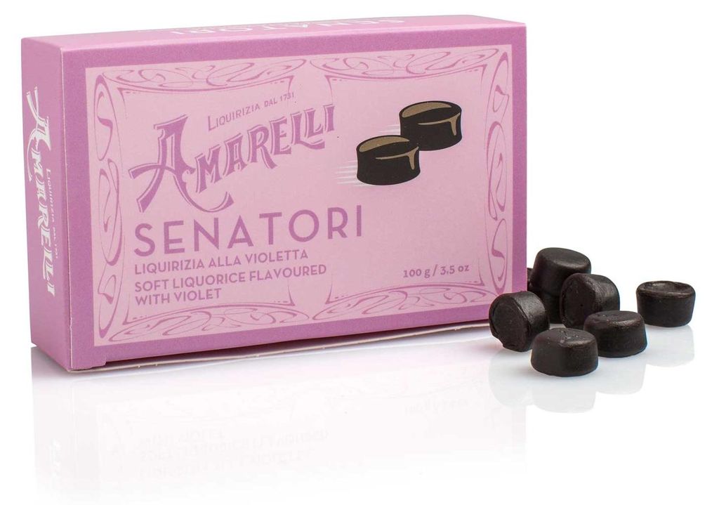 Amarelli Senatori, Weiche Lakritz mit Veilchen-Aroma, Box, Produktbild 