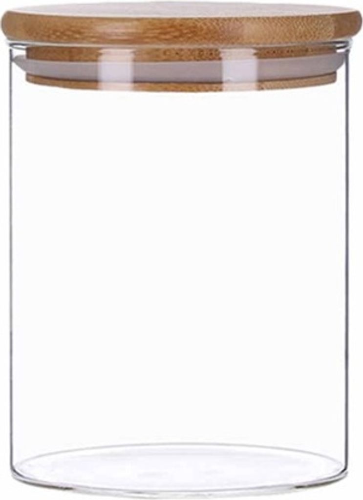 A clear glass storage jar with a bamboo lid, presented on a white background.