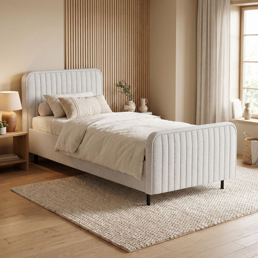 BEAUTYSOFA | Polsterbett LAMI 90x200 cm - Einzelbett mit Bettkasten & Matratze MEDIRO ERGO+ H2, Kopfteil und Latenrost - Jugendbett Creme