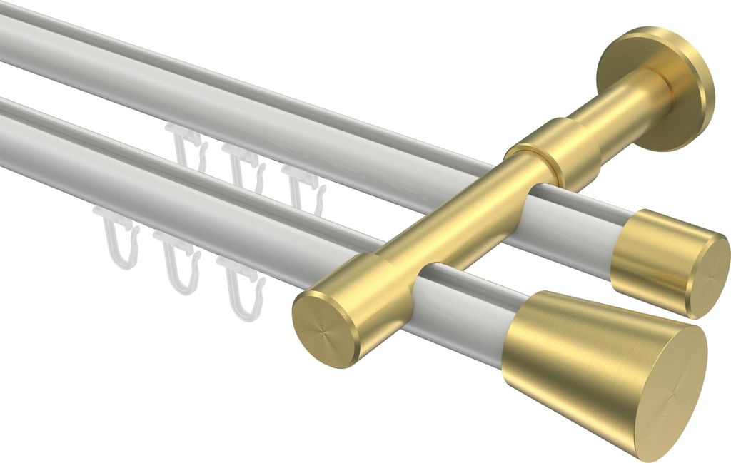 Interdeco Innenlaufstange / Gardinenstange mit Innenlauf Weiß / Messing-Optik, Typ Prestige Sitra (Konus), 20 mm Ø 2-läufig, 140 cm