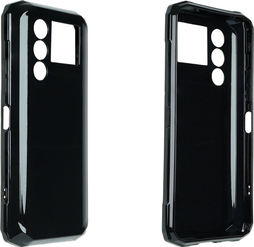 Two black phone cases shown from different angles against a white background.